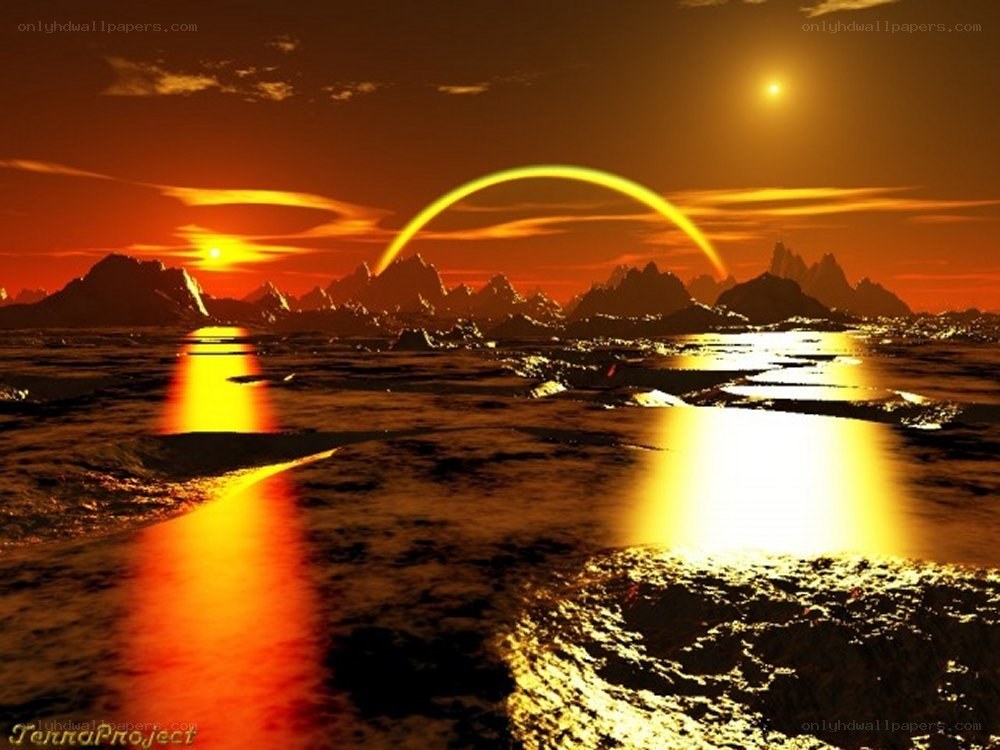 alien sunset with rainbow