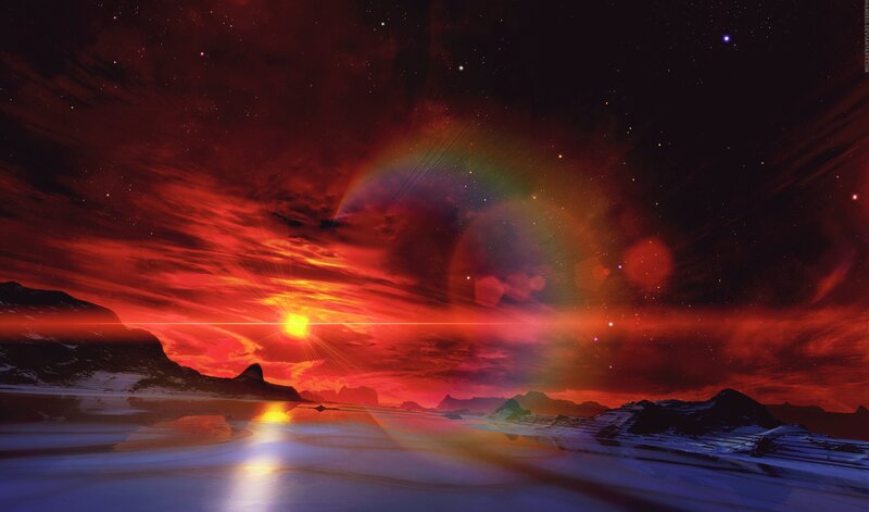 alien sunset with rainbow