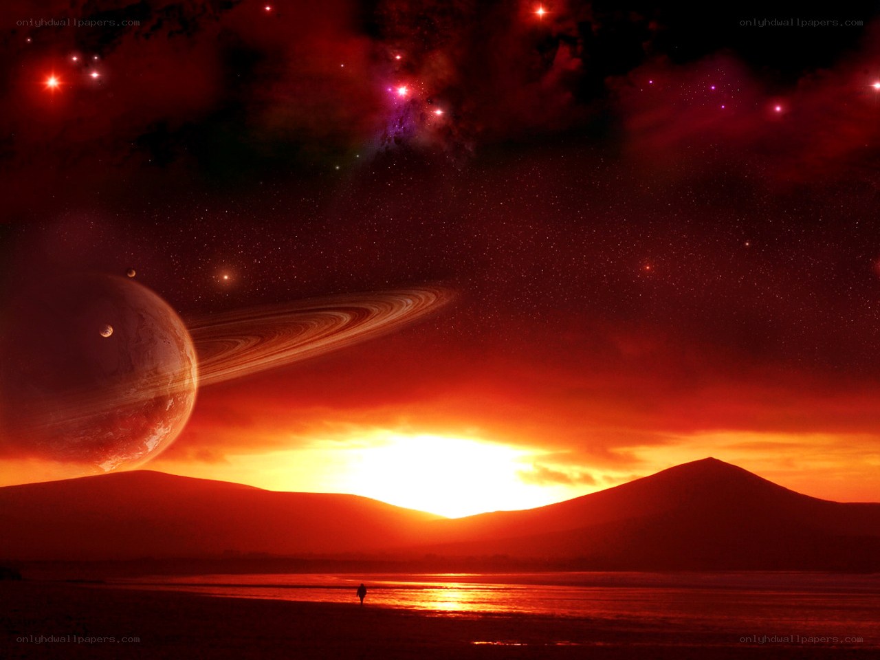 alien sunset with ringed planet