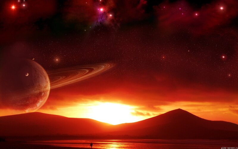 alien sunset with ringed planet