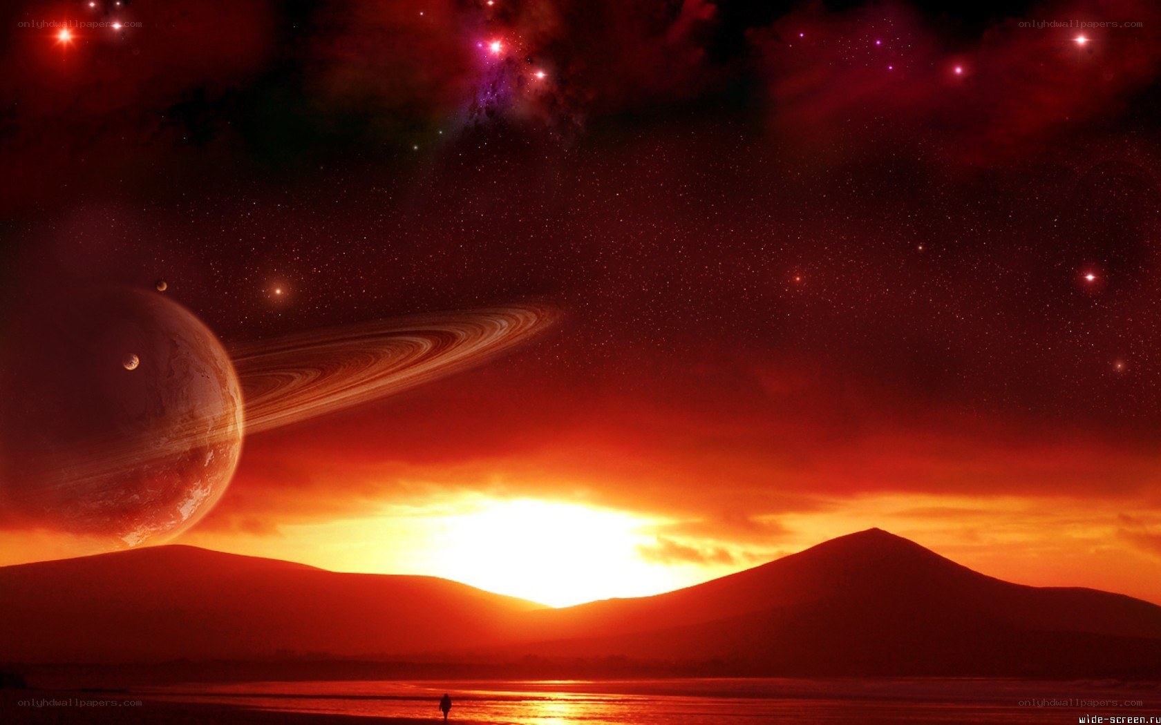 alien sunset with ringed planet