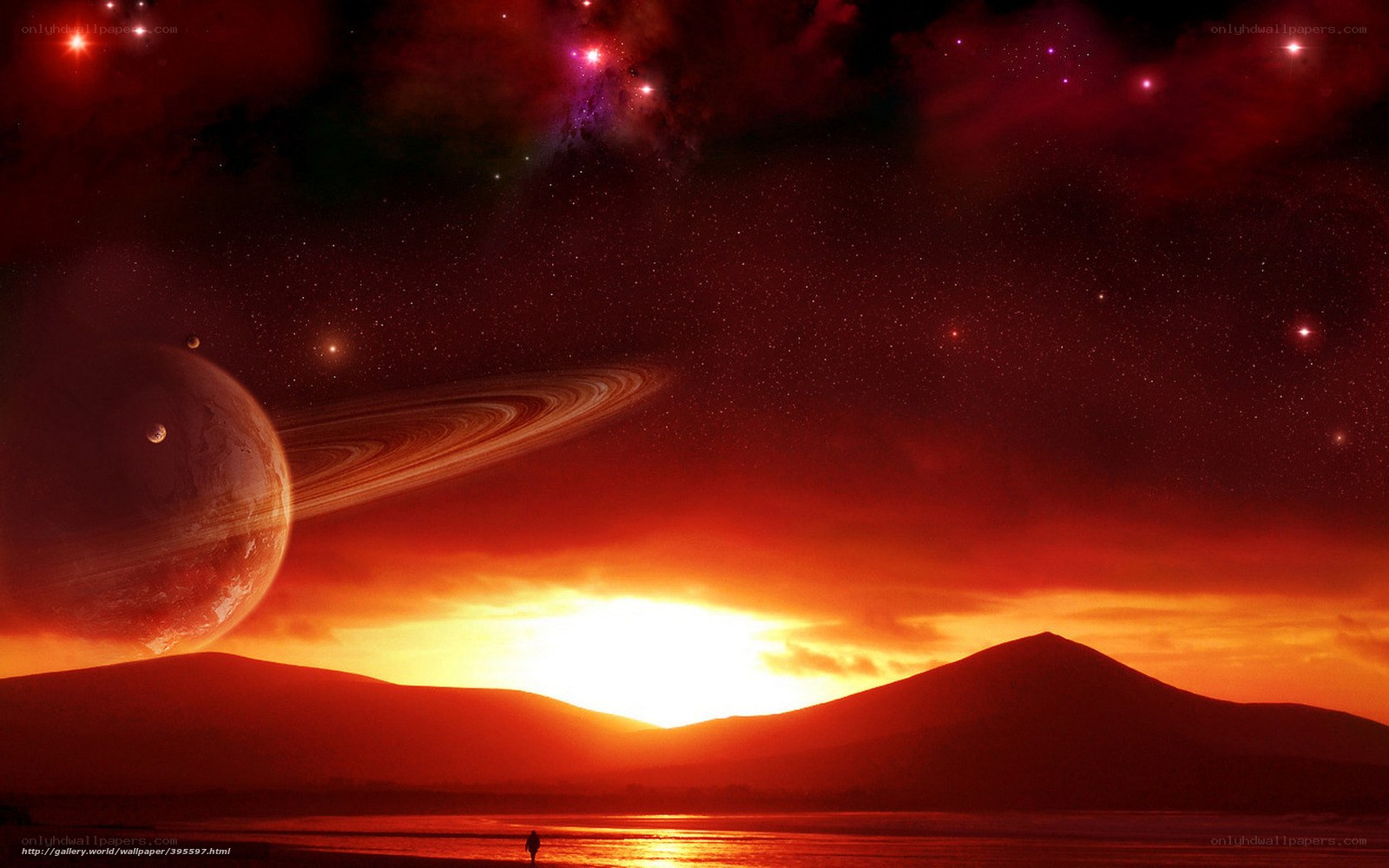 alien sunset with ringed planet