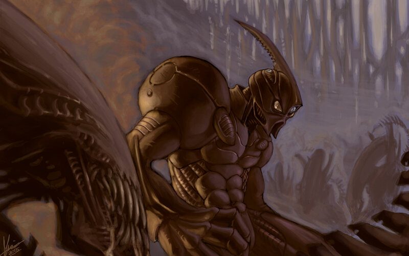 Alien warrior in dark cave