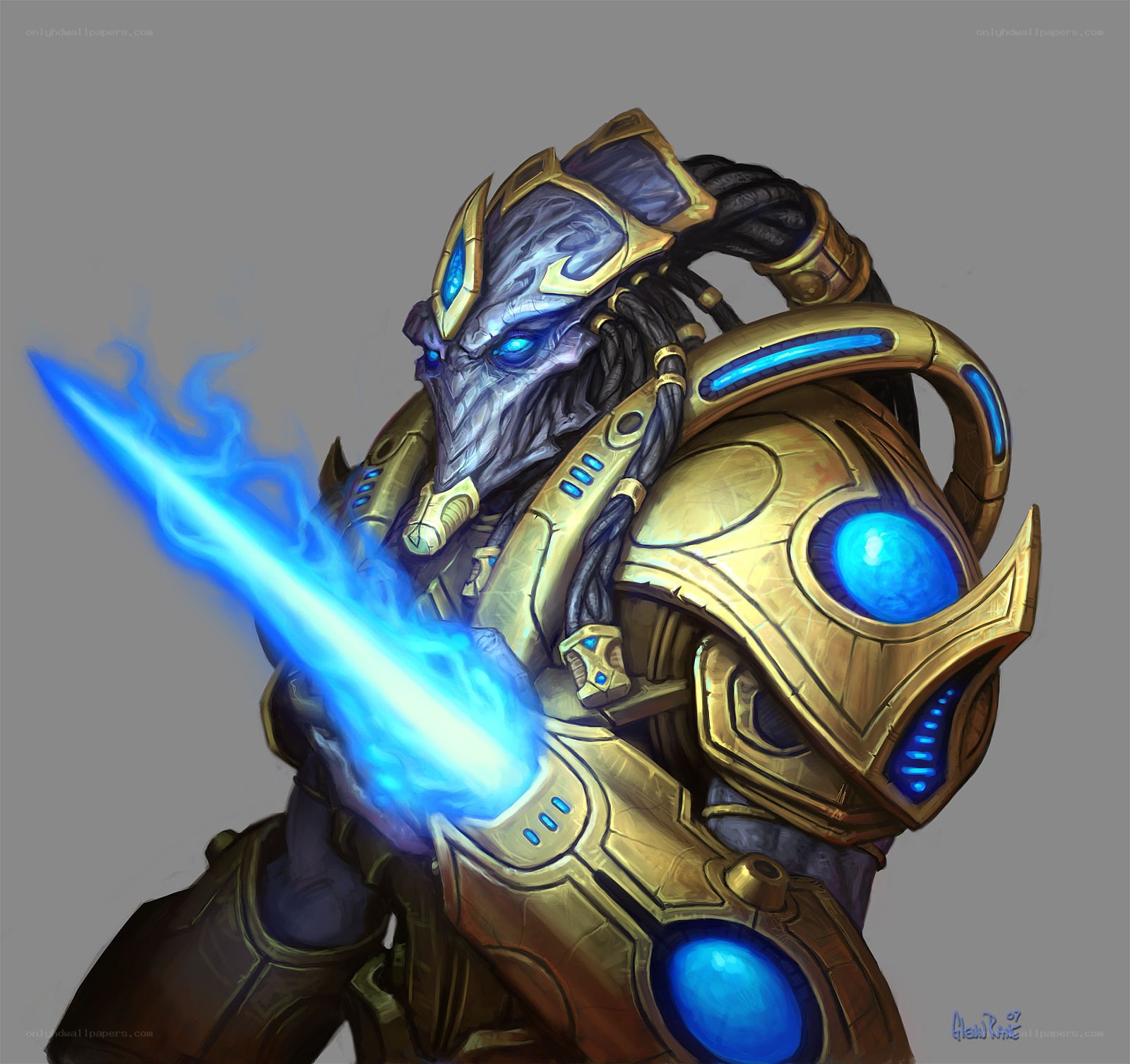 alien warrior with blue energy blade