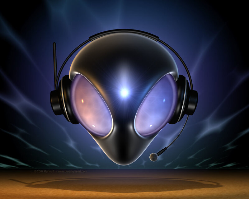 Alien Wearing Headphones — Blue, Dramatic