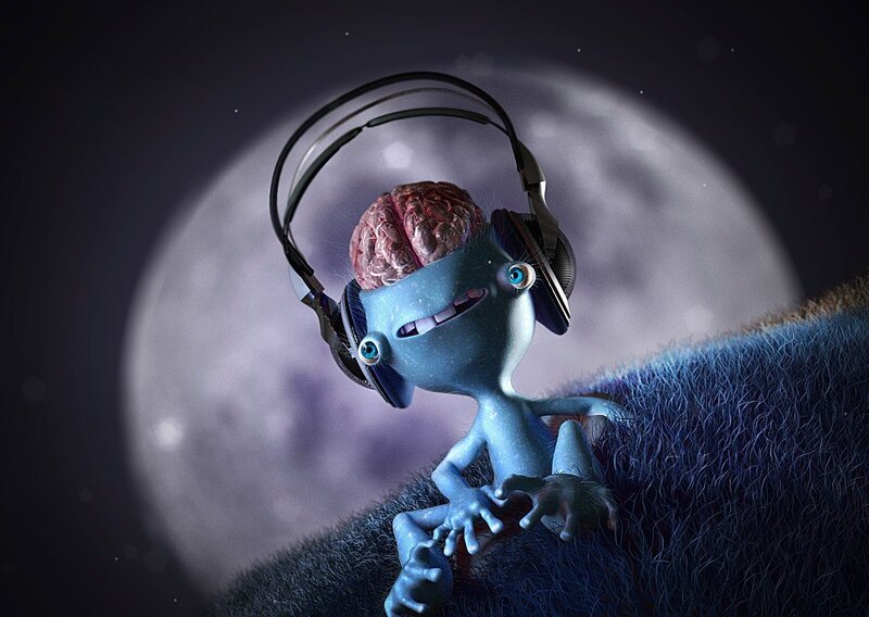 alien with brain listening to music