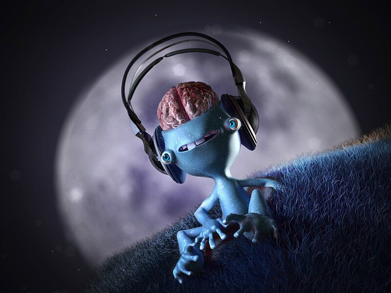 alien with brain listening to music