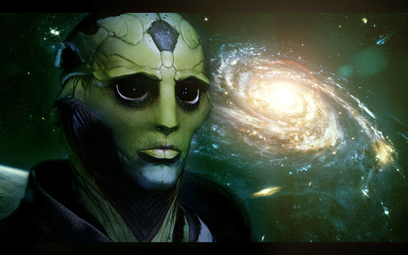 alien with galaxy background