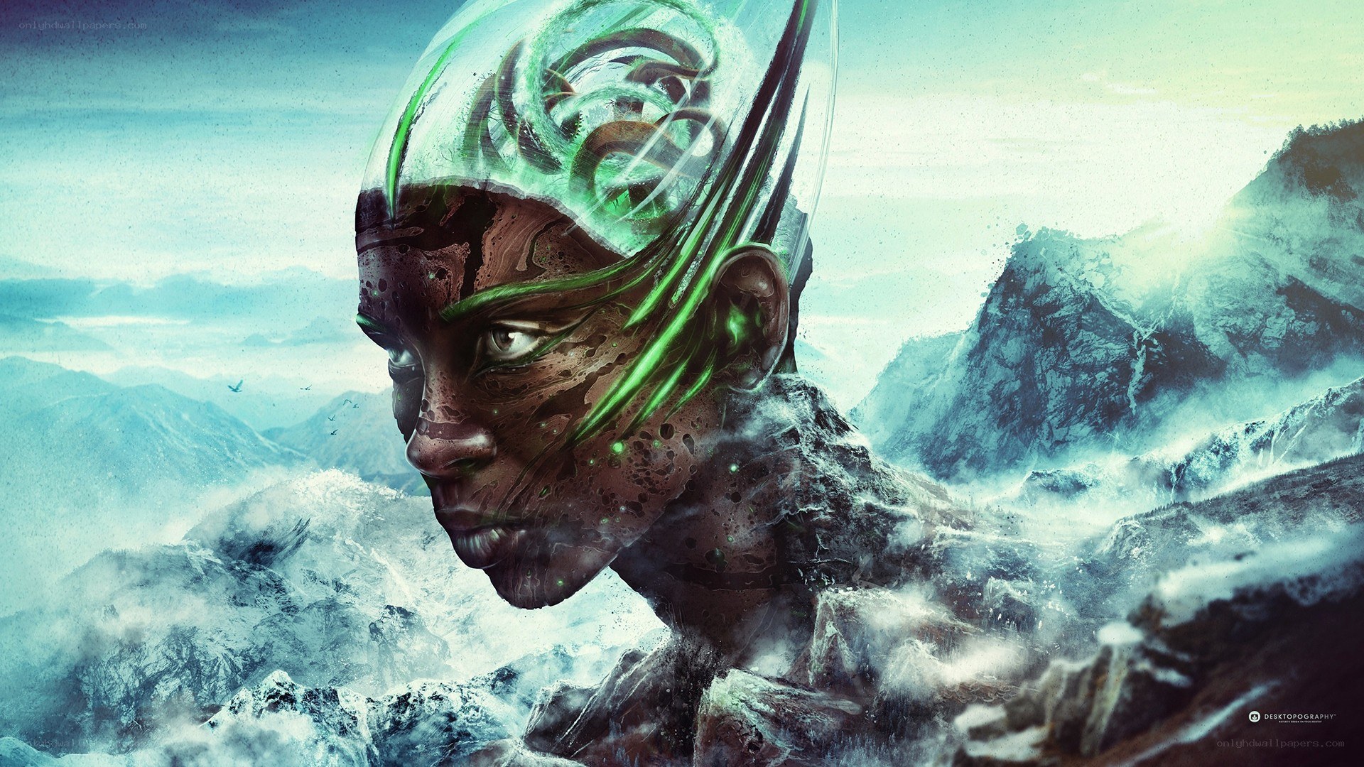 alien with green energy helmet