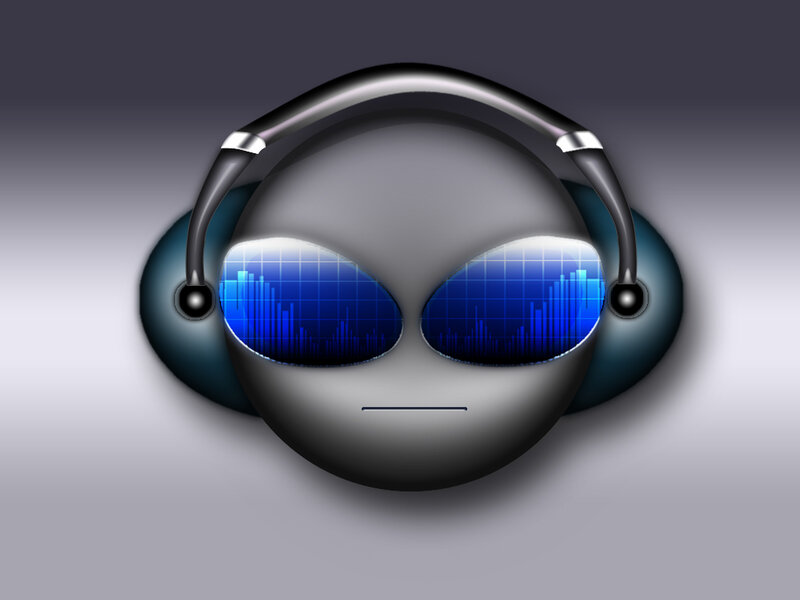 alien with headphones and audio waves