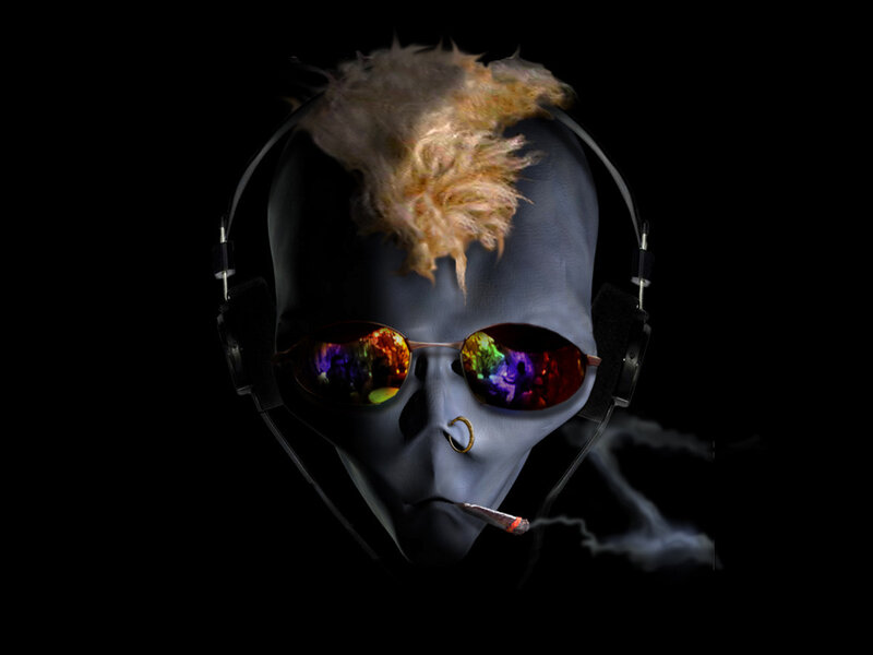 alien with headphones and sunglasses