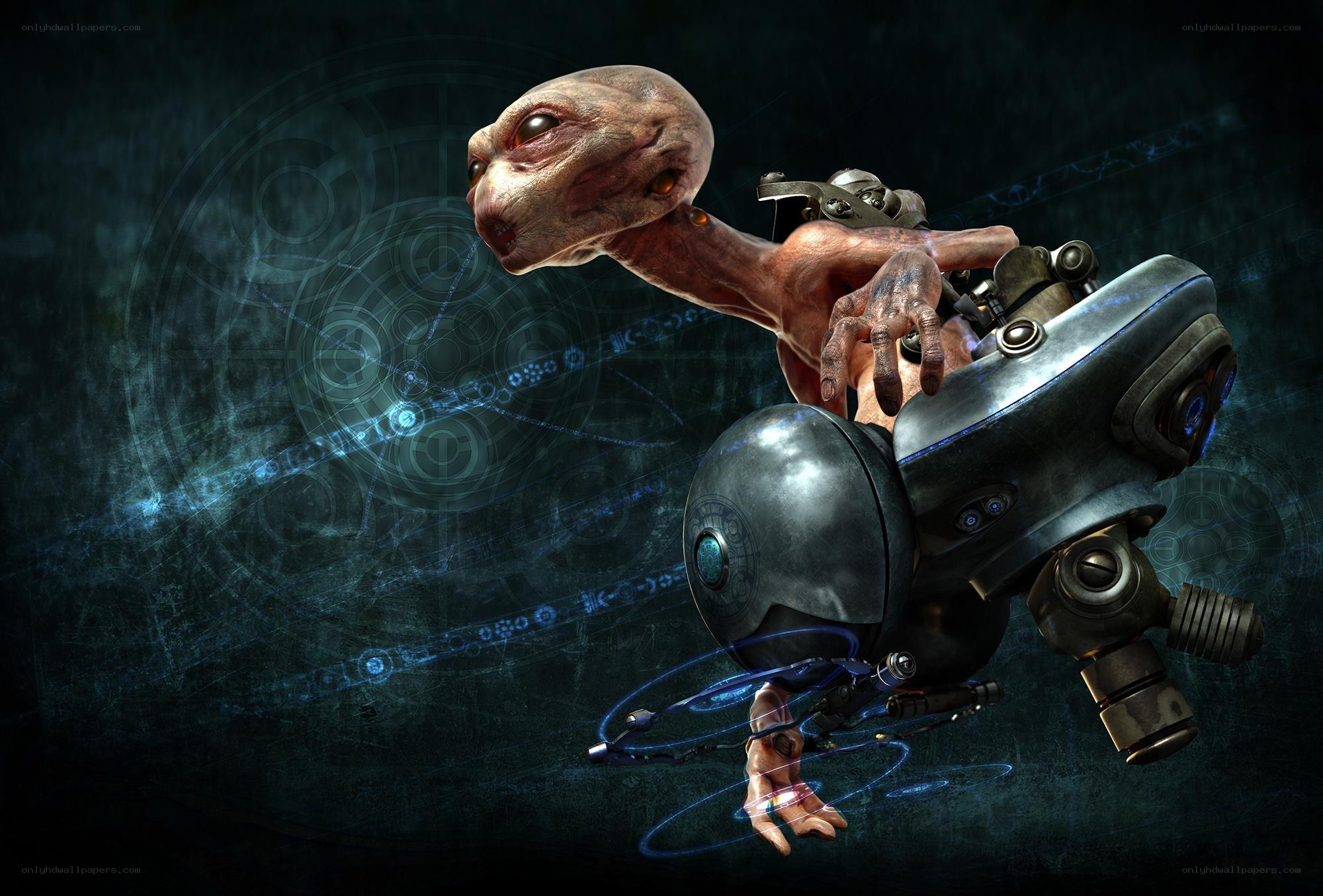 alien with robotic arm