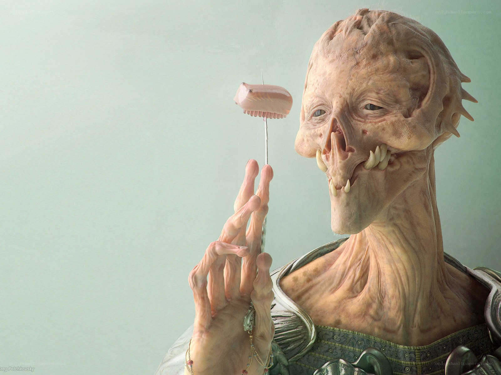 alien with tooth on stick