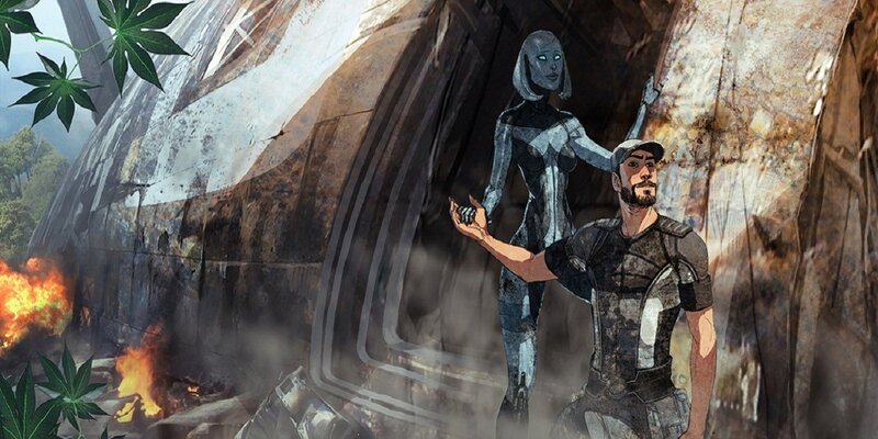 Alien woman and man in wreckage