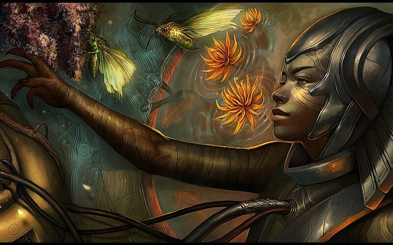 alien woman with glowing insects