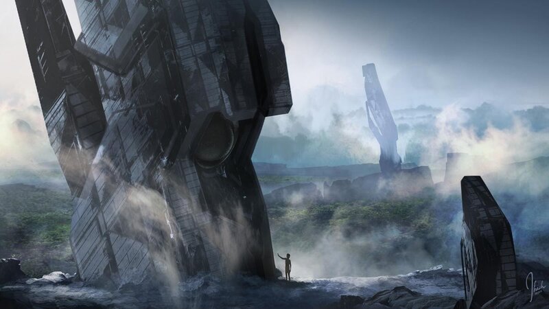 alien wreckage on foggy planet