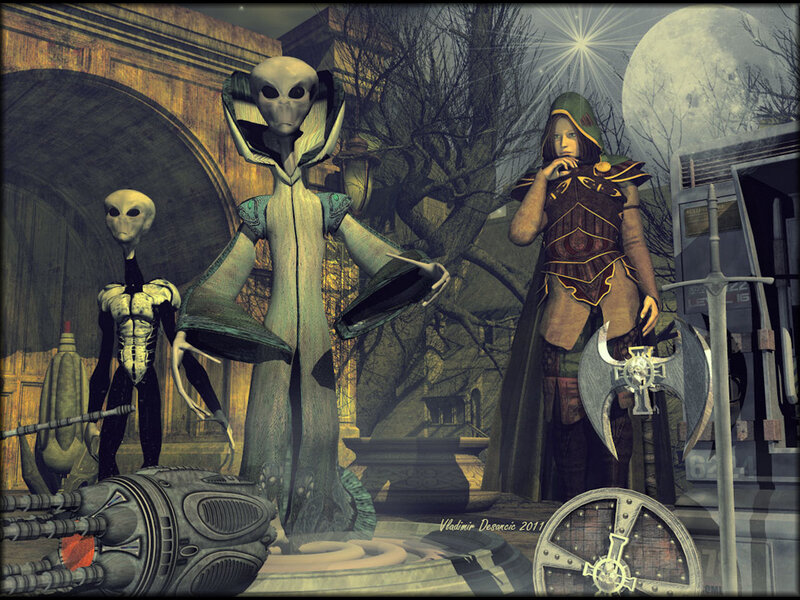 Aliens and Warrior in Fantasy Scene