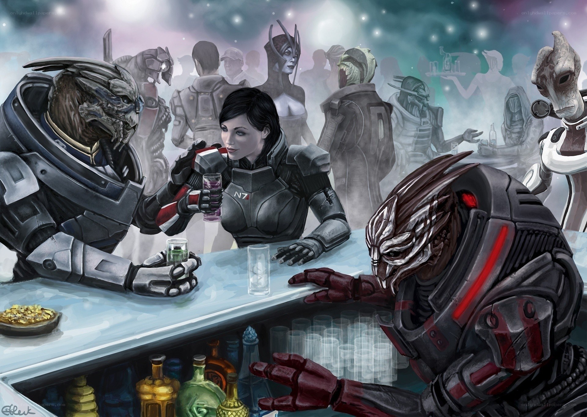 Aliens at a bar with Commander Shepard