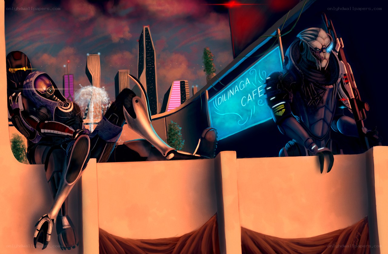 Aliens at a rooftop cafe