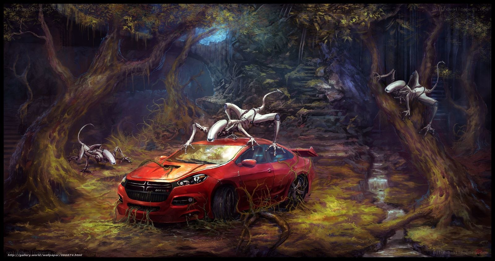 Aliens attack red car in forest
