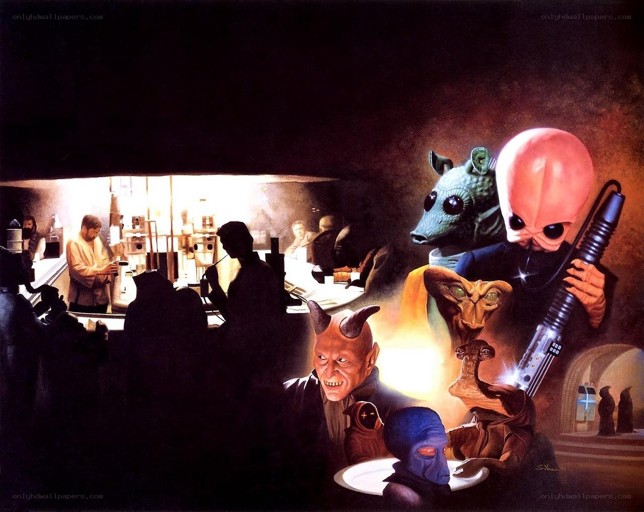 Aliens in a dimly lit bar