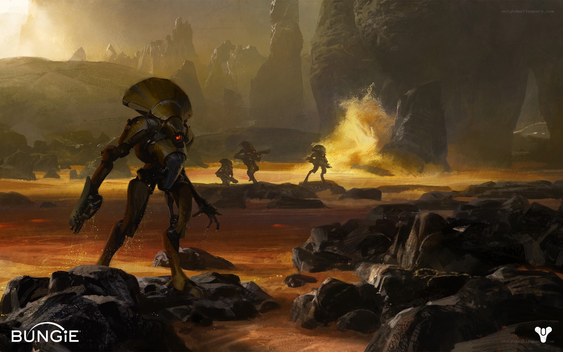 Aliens in a volcanic landscape