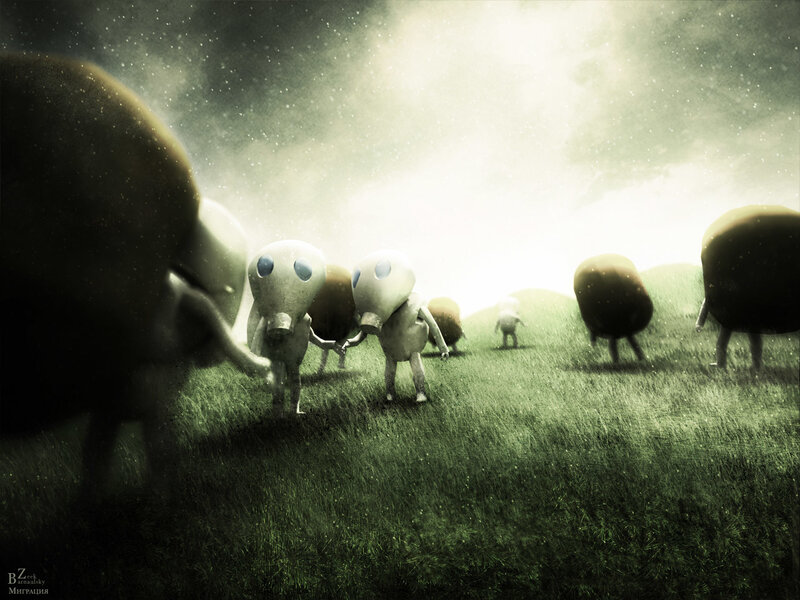 Aliens migrating across a field