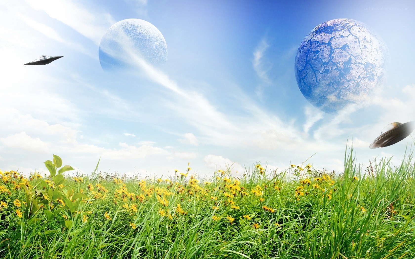 Aliens over a green field