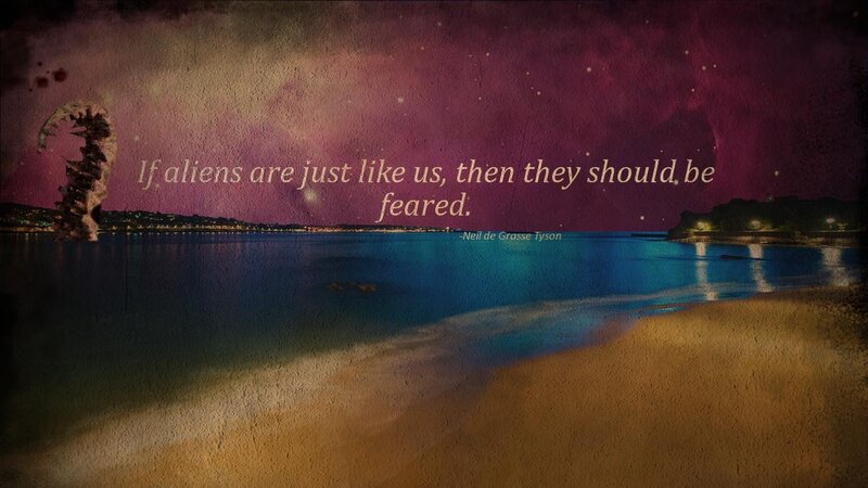 Aliens quote over beach scene