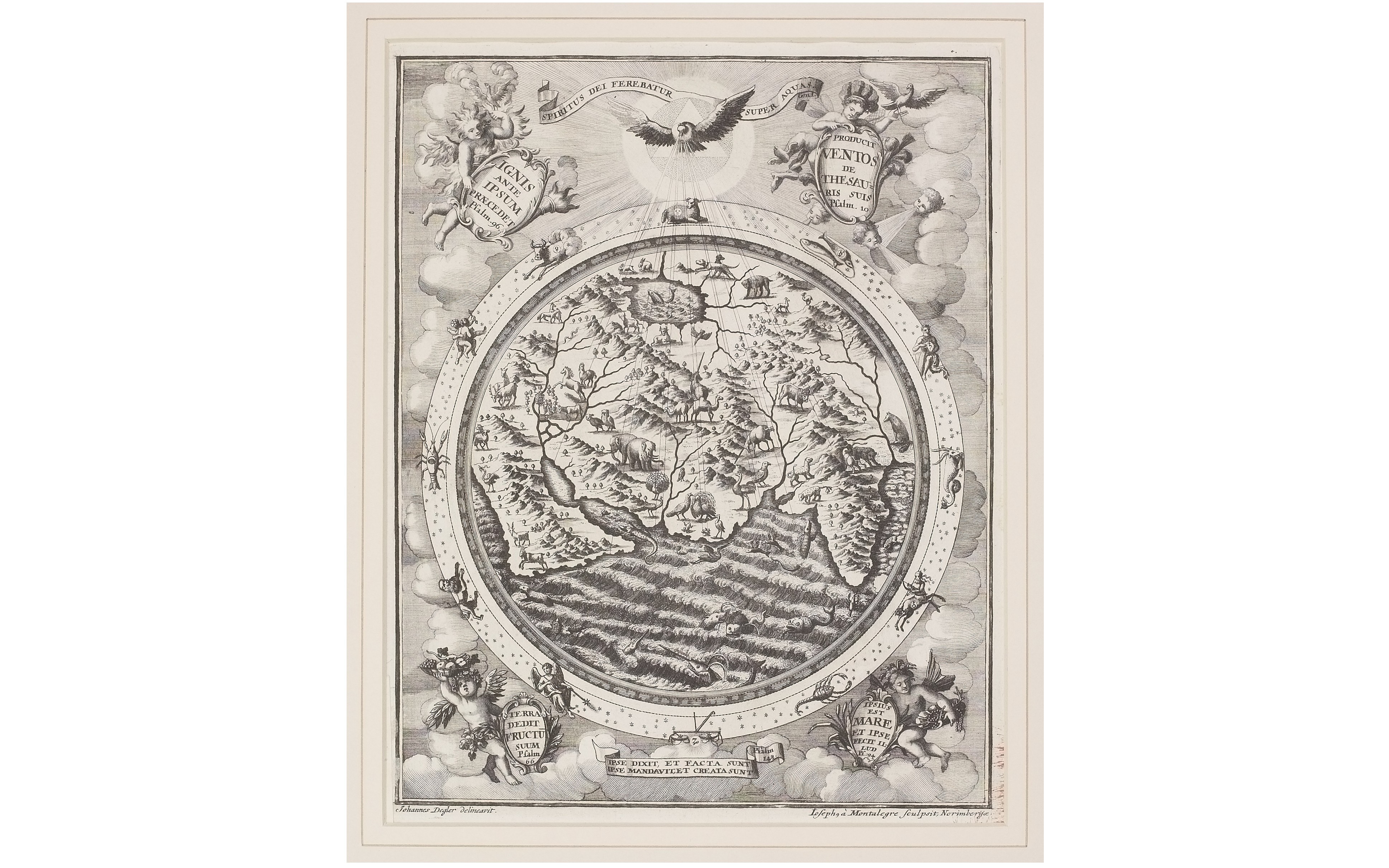 Allegorical world map engraving