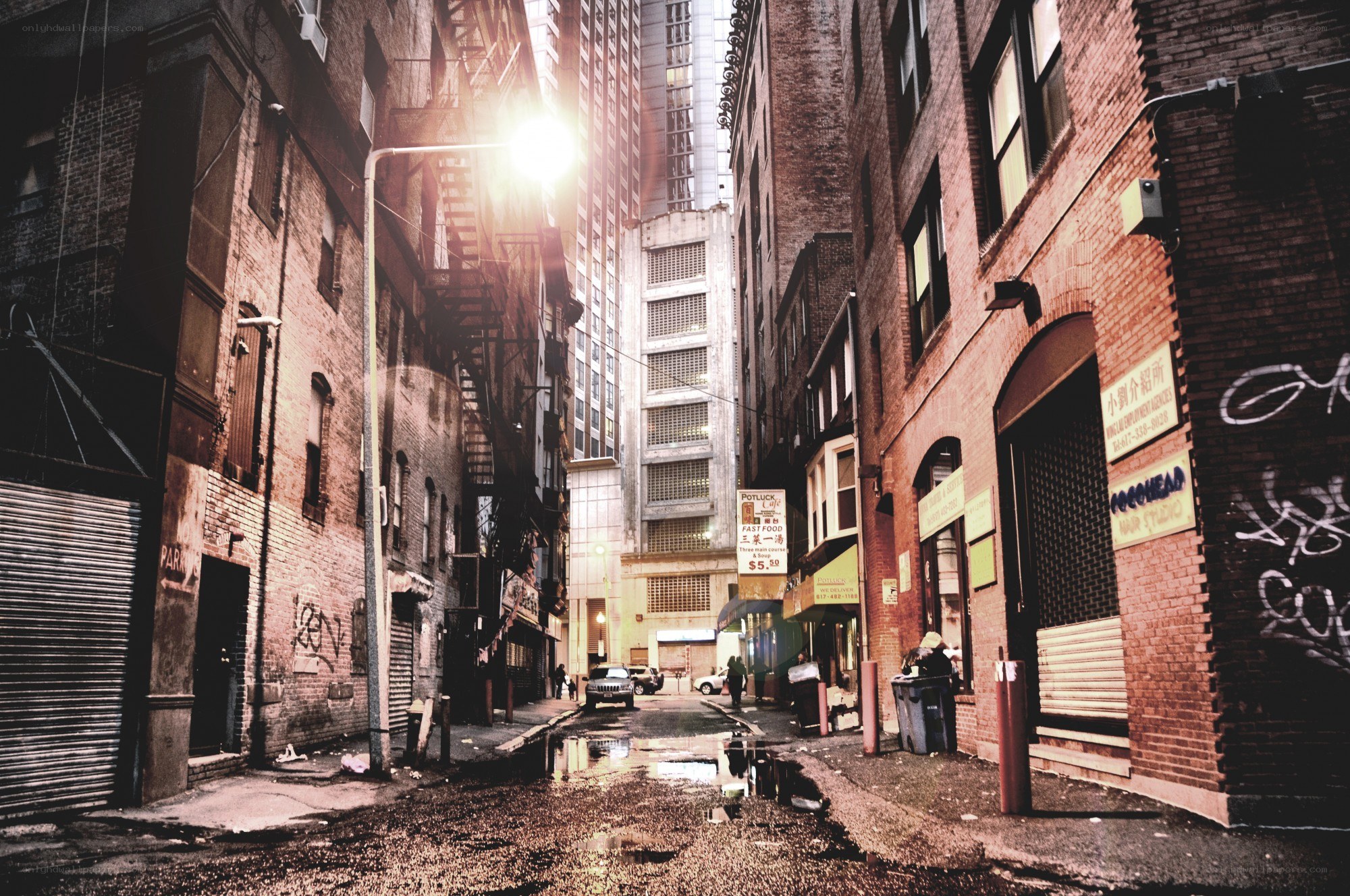 Alleyway with fire escapes