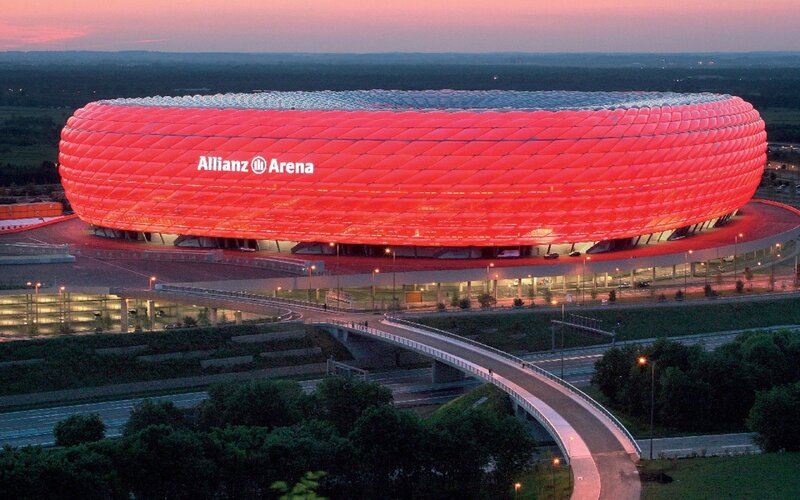 Allianz Arena Stadium — Red, Dramatic, Sunset, Photograph, Bridge, Trees