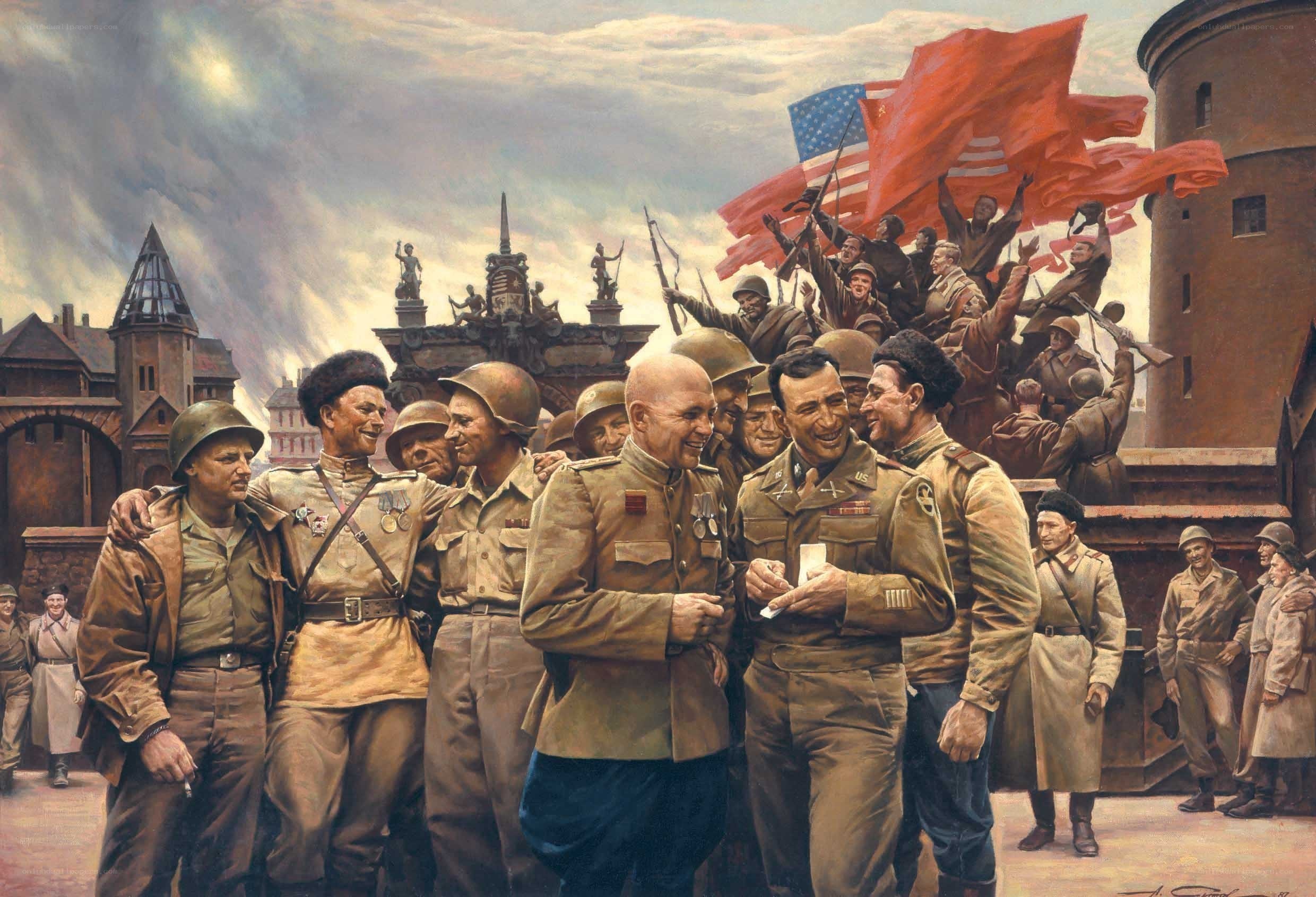 Allied soldiers meet in Berlin