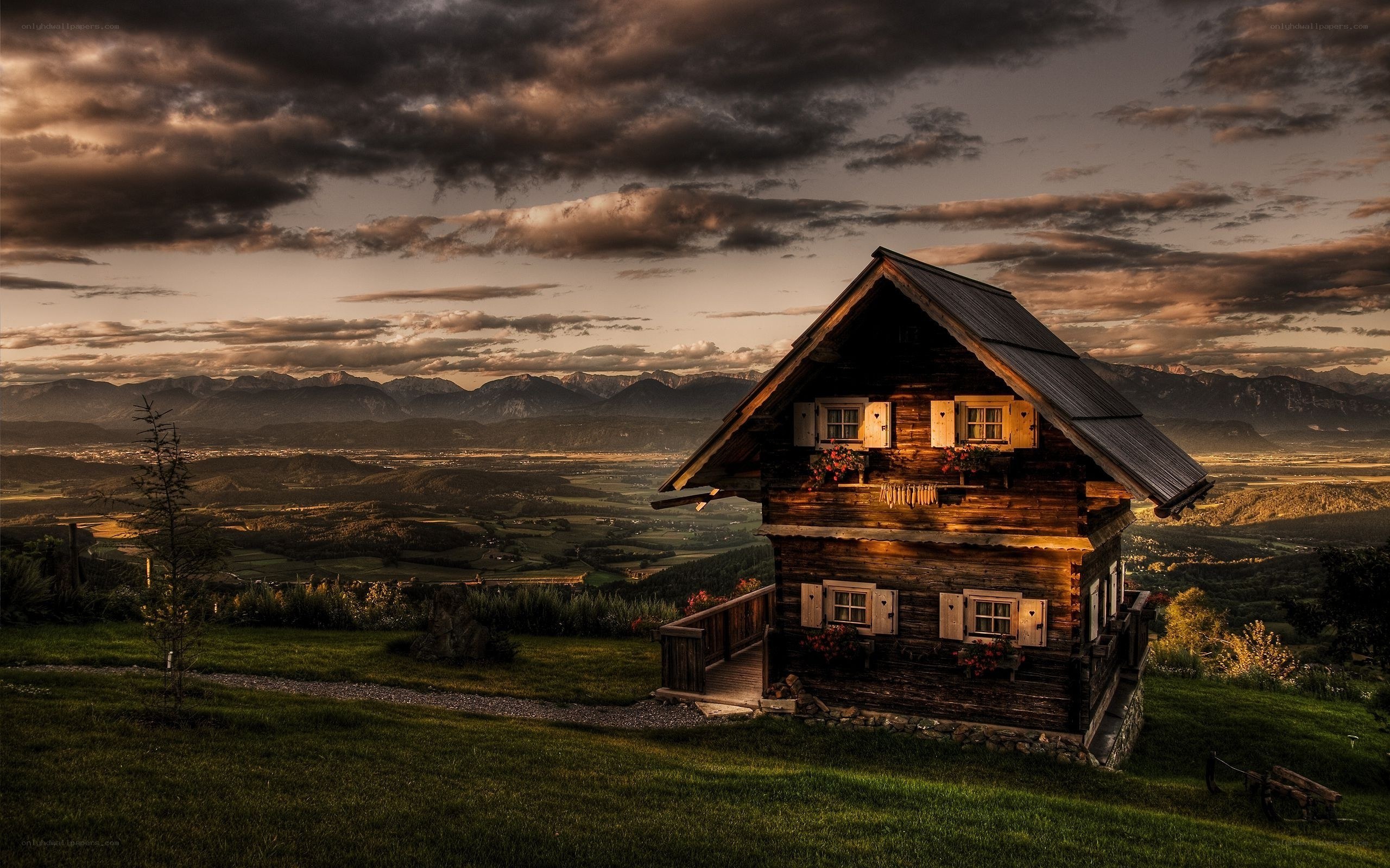 Alpine cabin at sunset
