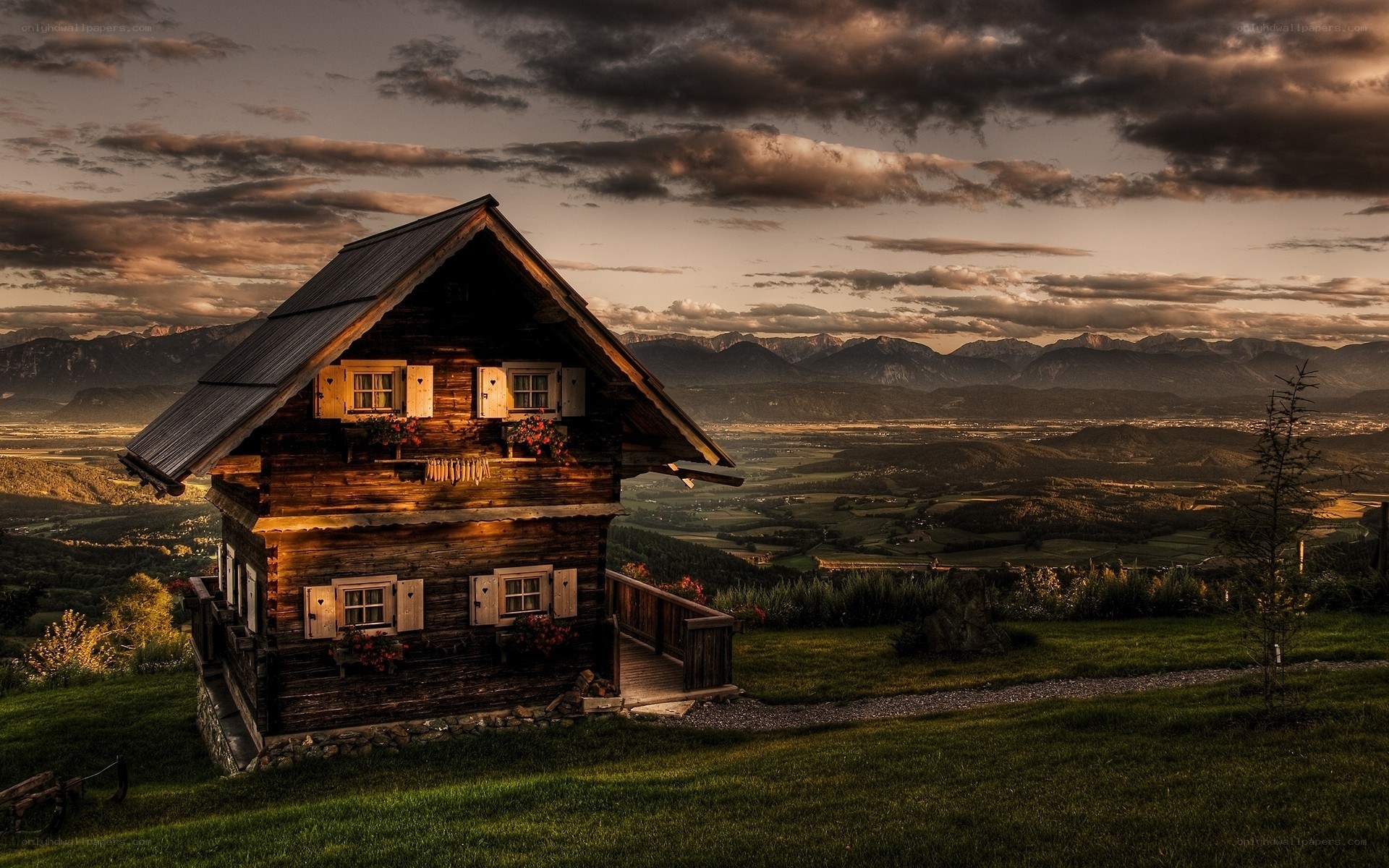 Alpine cabin at sunset