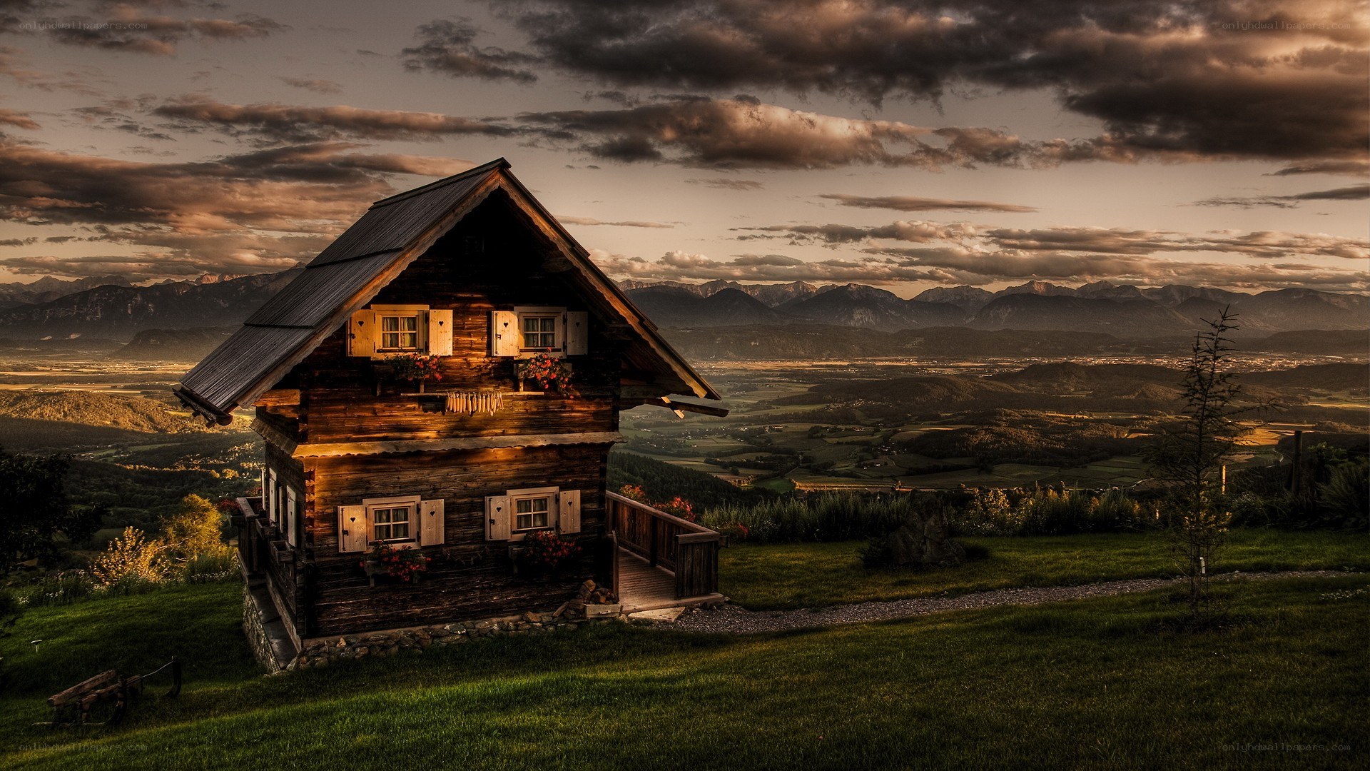 Alpine cabin at sunset