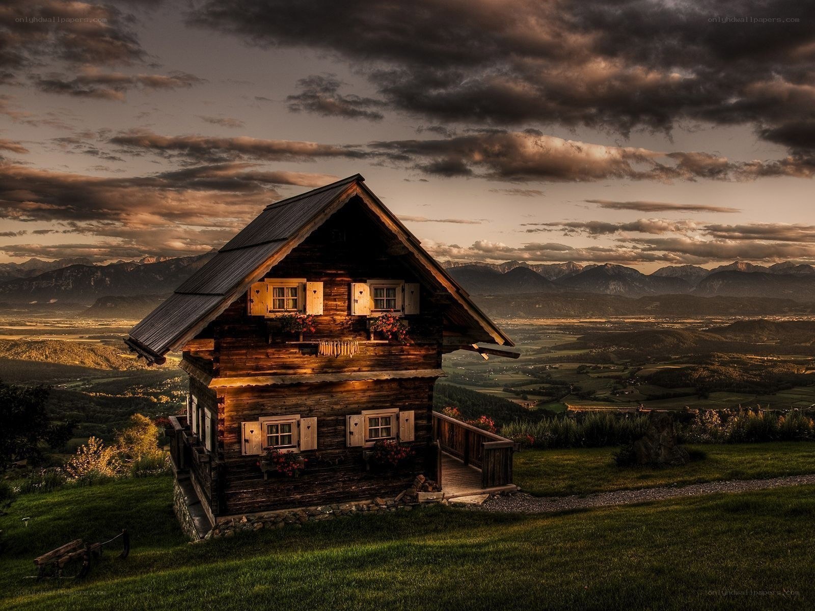 Alpine cabin at sunset