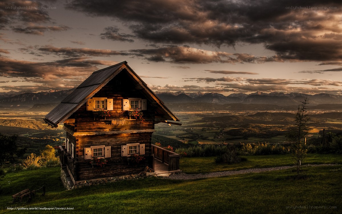 Alpine cabin at sunset