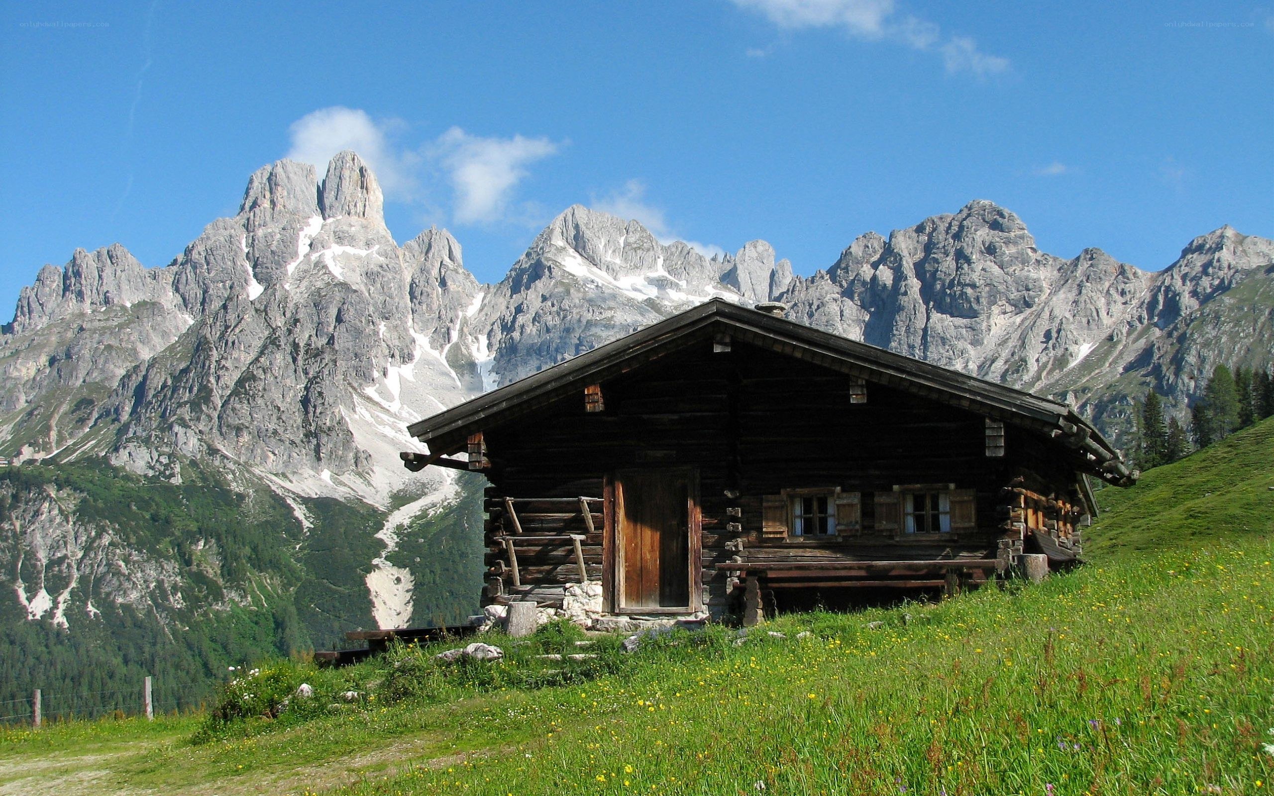 Alpine cabin with mountain backdrop