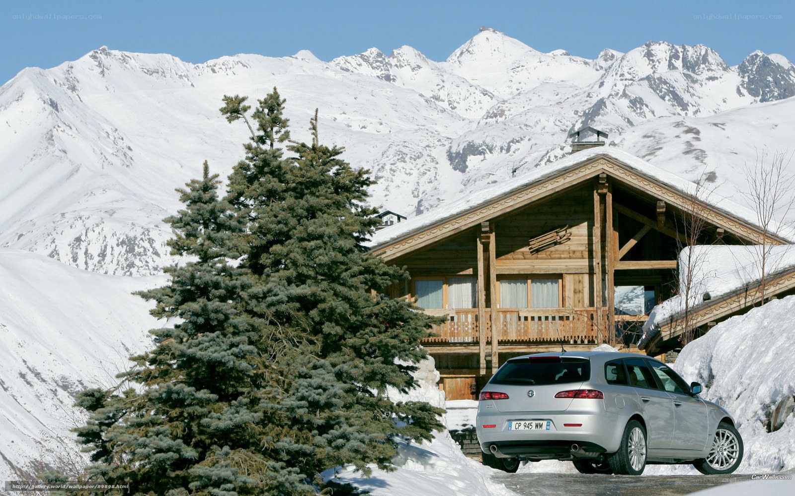 Alpine cabin with silver car