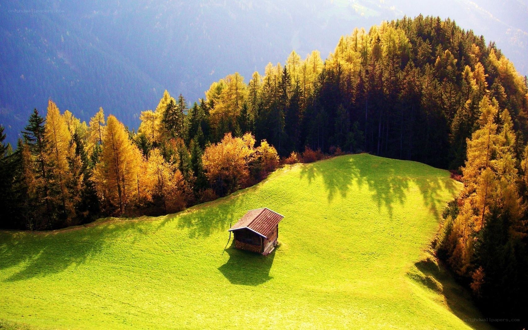 Alpine hut in autumn valley