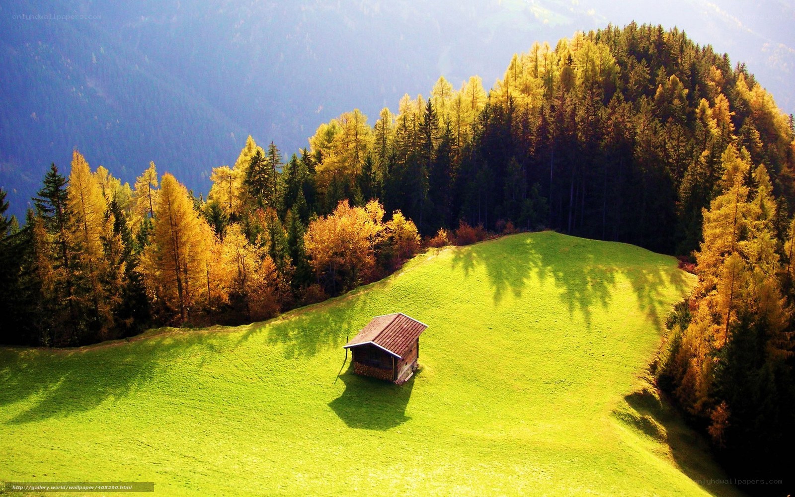 Alpine hut in autumn valley