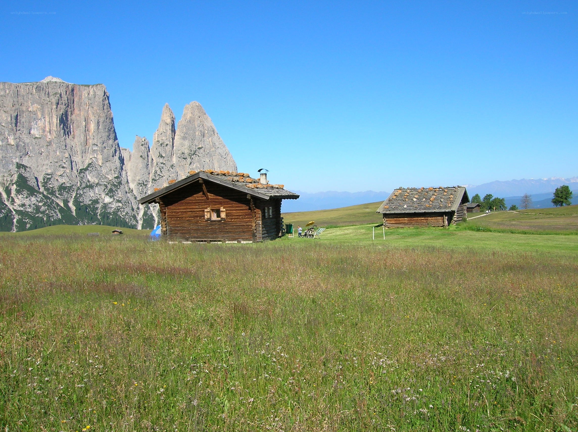 Alpine huts with mountain backdrop
