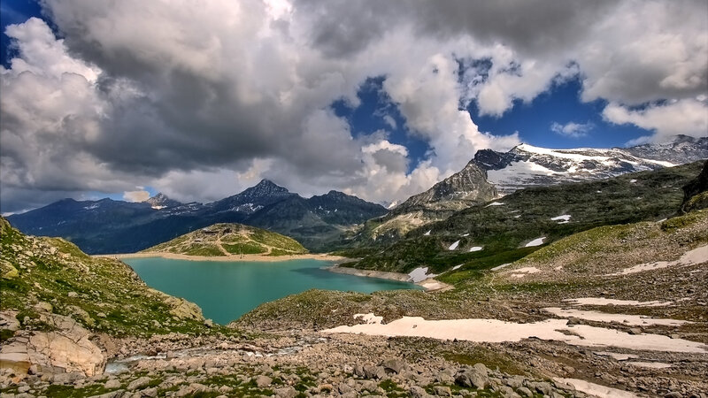 Alpine Lake and Mountains — Blue, Dramatic, Afternoon, Photograph, Clouds, Green
