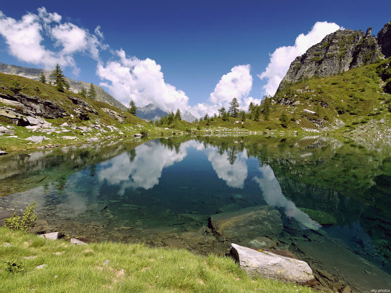 Alpine Lake and Mountains — Blue, Serene, Afternoon, Photograph, Clouds