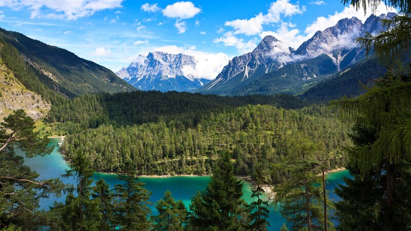 Alpine Lake and Mountains — Blue, Serene, Afternoon, Photograph, Forest, Clouds, Trees