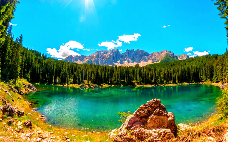Alpine Lake and Mountains — Blue, Serene, Afternoon, Photograph, Forest, Sky