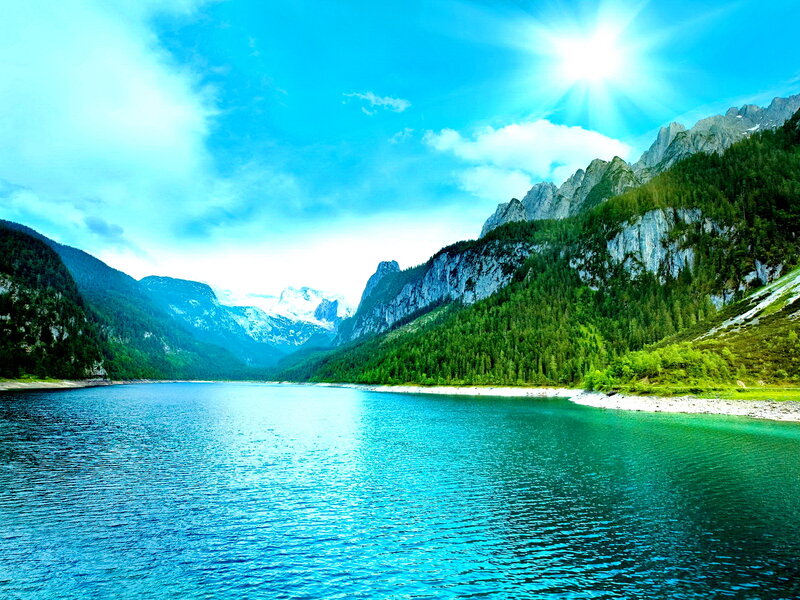 Alpine Lake and Mountains — Blue, Serene, Afternoon, Photograph, Forest