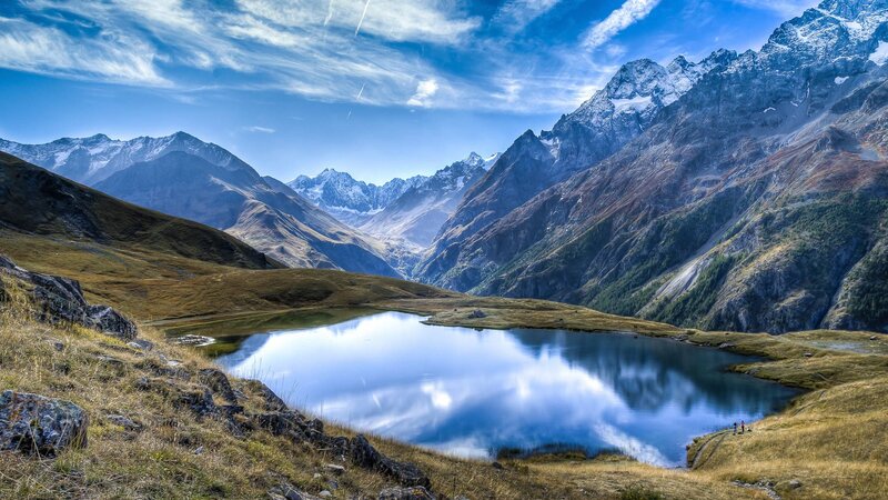 Alpine Lake and Mountains — Blue, Serene, Afternoon, Photograph, Sky