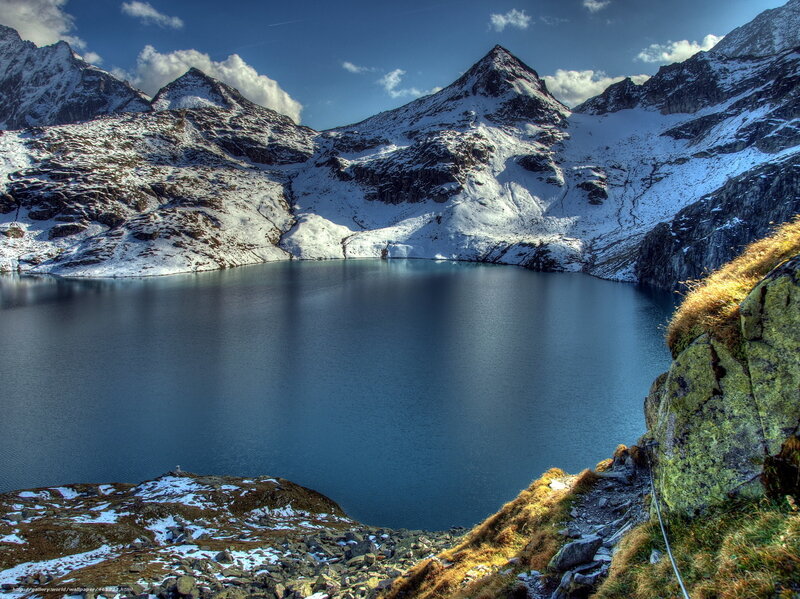 Alpine Lake and Mountains — Blue, Serene, Afternoon, Photograph, Snow